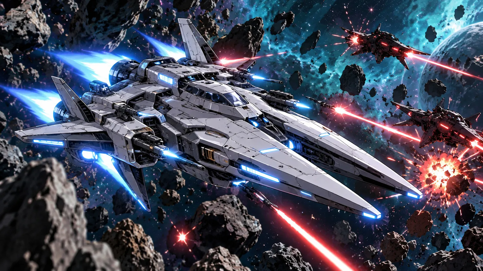 Hiro's advanced starship Krishna cutting through deep space, surrounded by stars and distant enemy ships