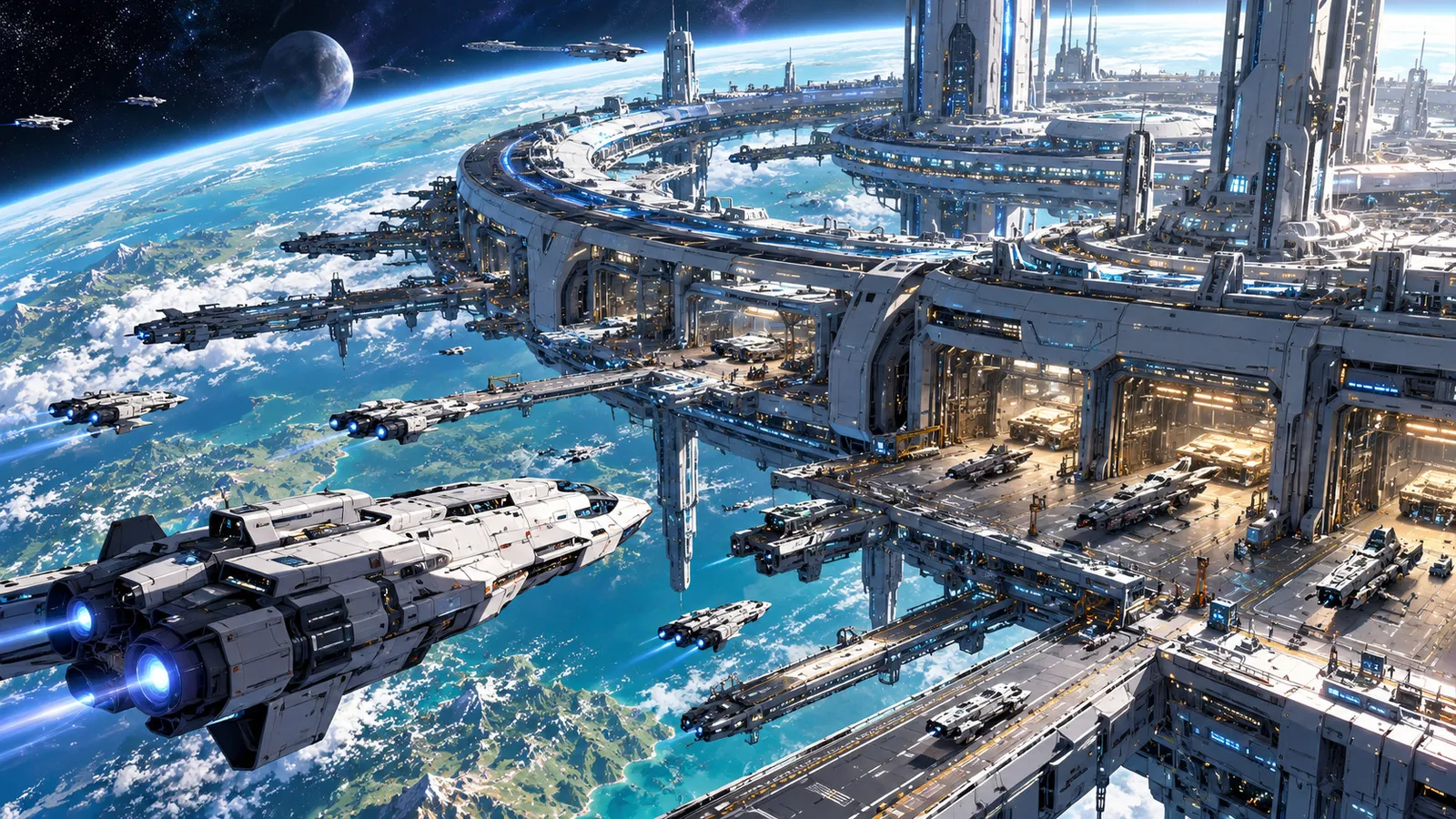 A vast futuristic space colony and planetary settlement, with ships approaching a bustling orbital port