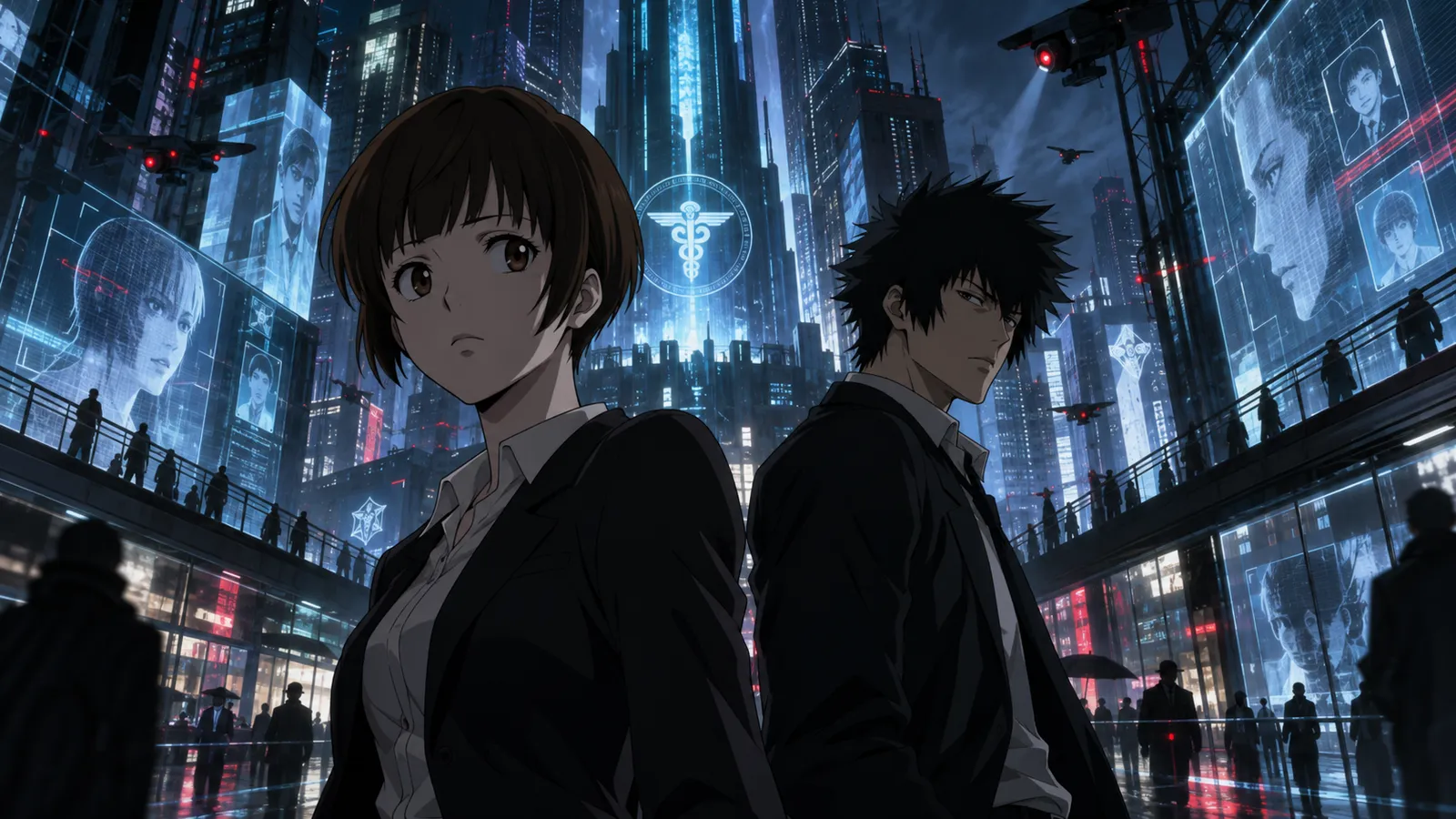 Psycho-Pass — Inspector Akane Tsunemori gripping a Dominator on a rain-soaked neon city street