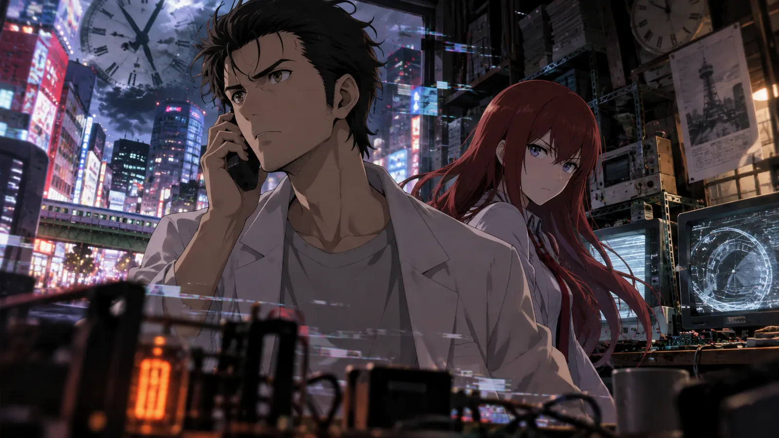 Steins;Gate — Rintaro Okabe and Kurisu Makise in the cluttered Future Gadget Laboratory amid glowing computer monitors