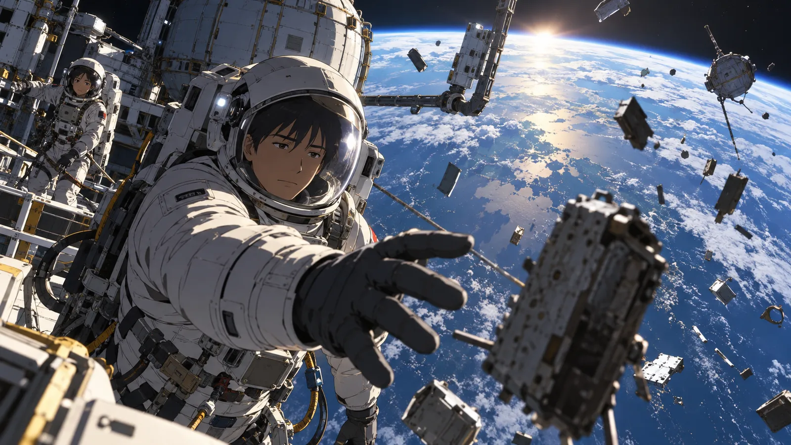 Hachimaki and the orbital-debris crew working outside a space station in Planetes
