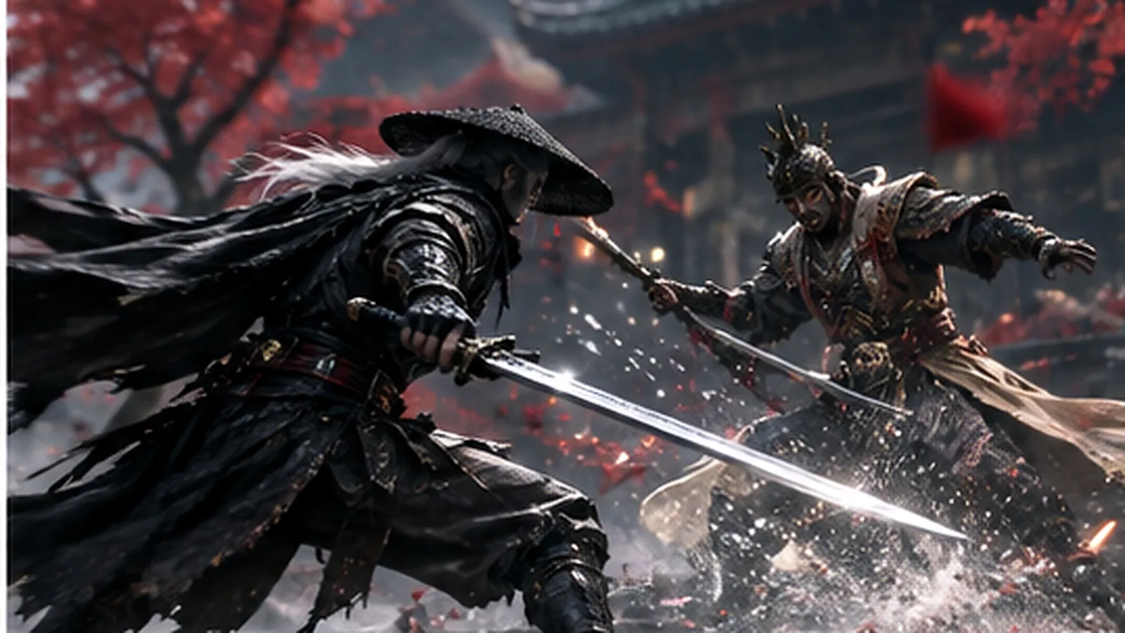 Soul clashes with a powerful martial arts opponent in a dramatic mid-combat sword duel, sparks flying as blades meet.