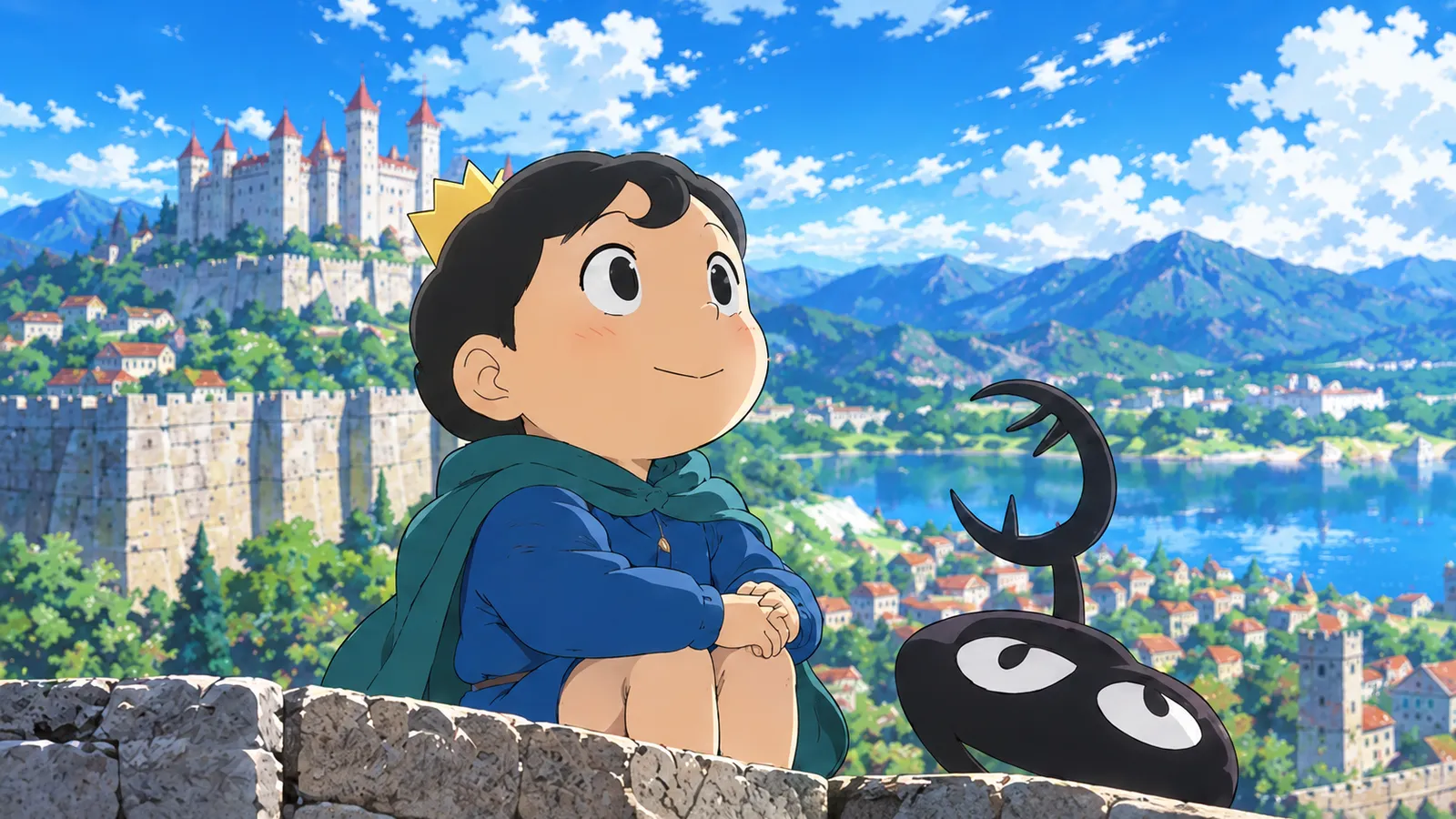 Bojji standing confidently before a vast fantasy kingdom