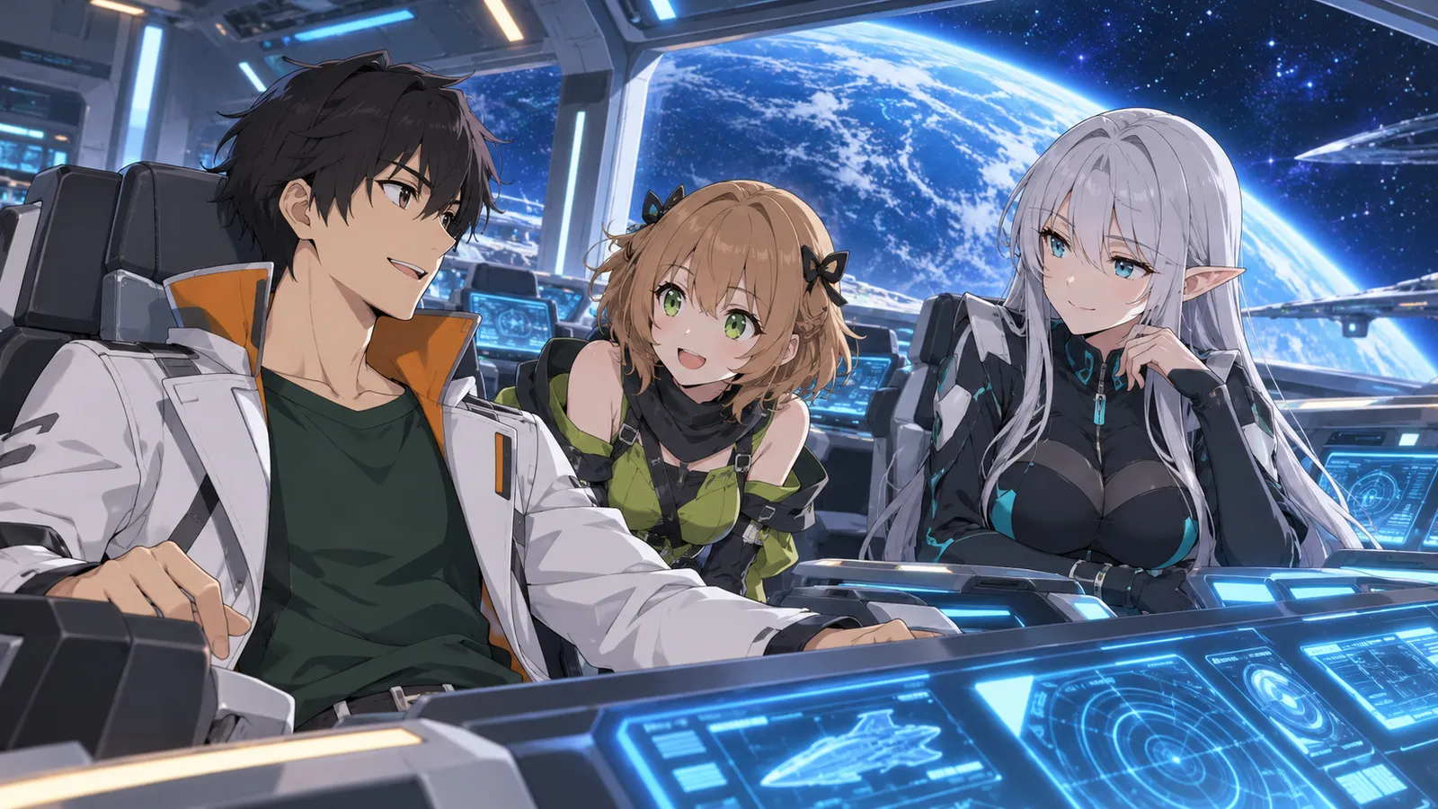 Hiro, Mimi, and Elma together aboard the Krishna's futuristic bridge, with a starfield visible through its windows