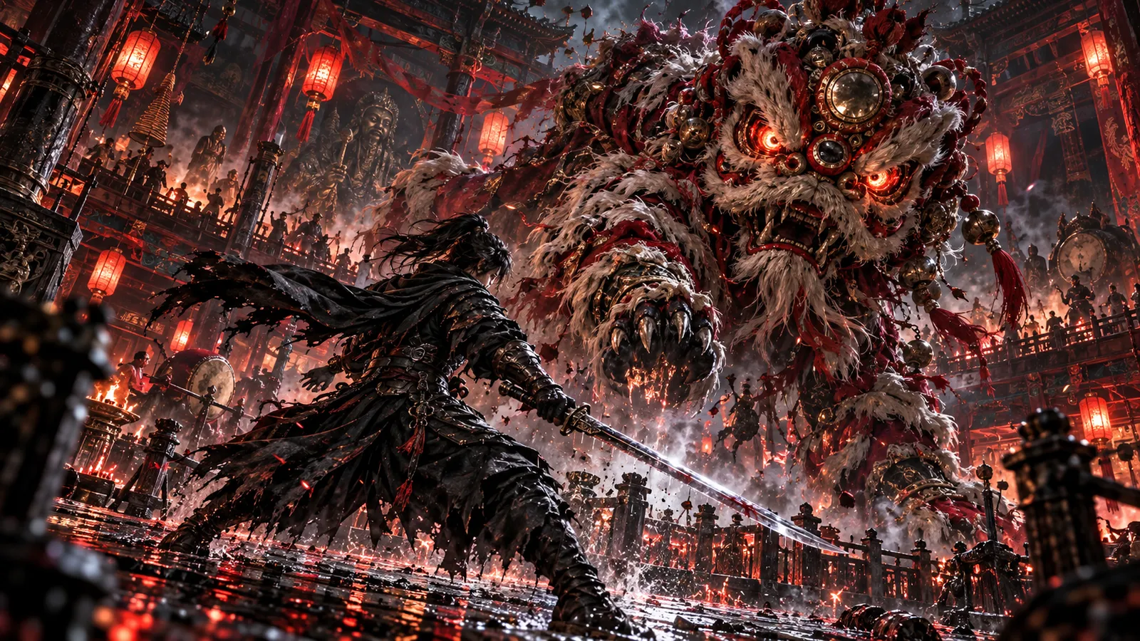 The supernatural Lion Dance Grandmaster confronting Soul in a dramatic lantern-lit arena