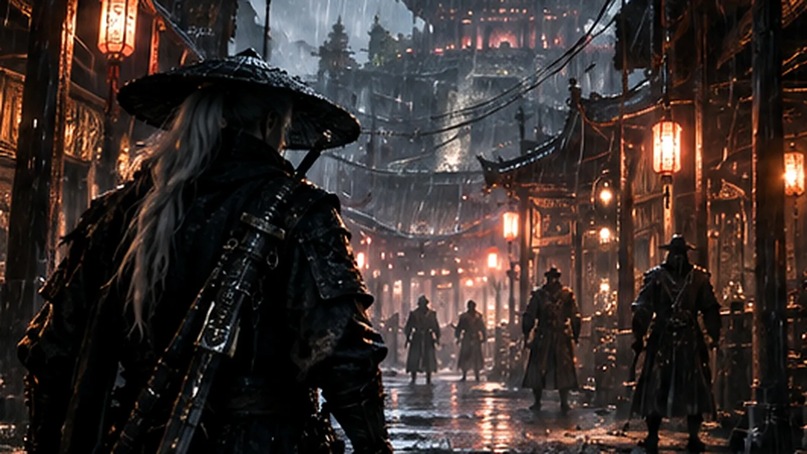 Soul, the lone swordsman, stands in a rain-drenched Wulin street with his blade drawn, surrounded by shadowy traditional architecture.