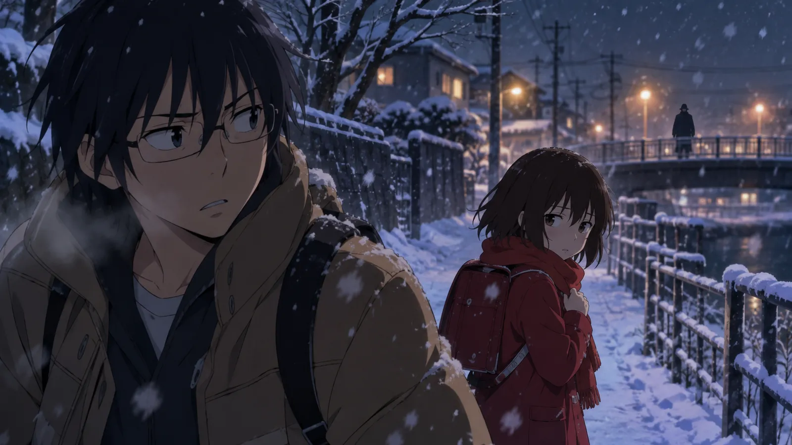 ERASED — Satoru Fujinuma and Kayo Hinazuki on a quiet snow-covered street beneath winter streetlights