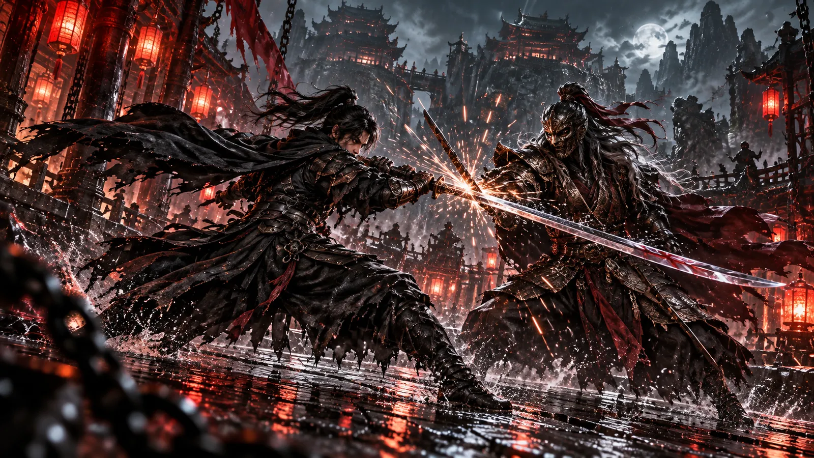Soul, the lone assassin, walking through a rain-soaked village in the mysterious Wulin