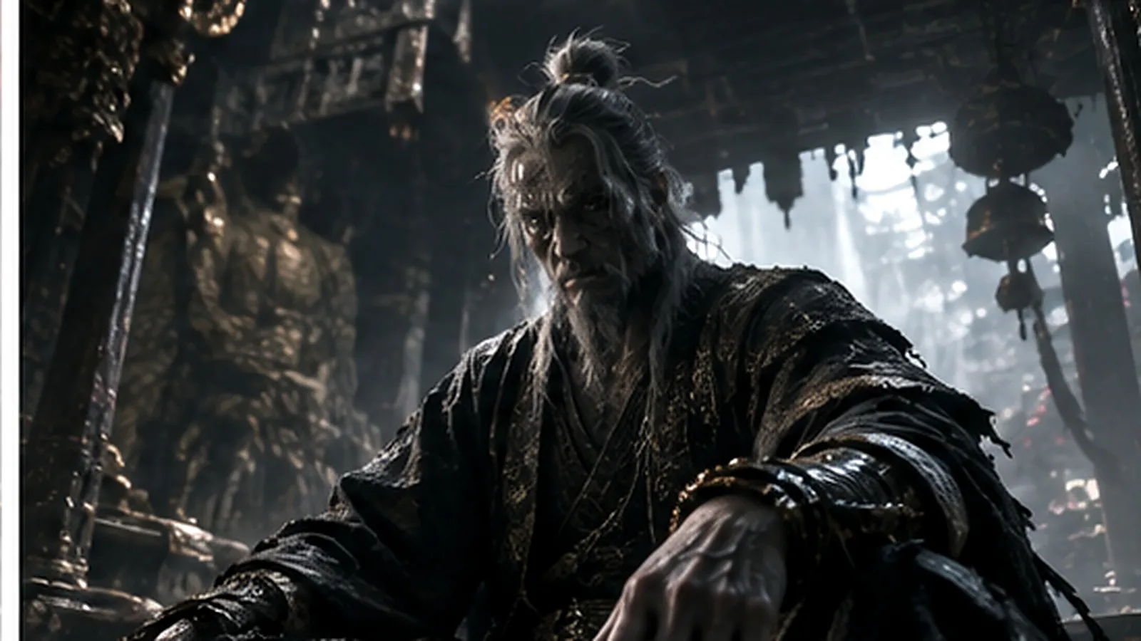 A menacing martial arts master confronts Soul in a vast ruined Chinese temple courtyard illuminated by lanterns and mist.