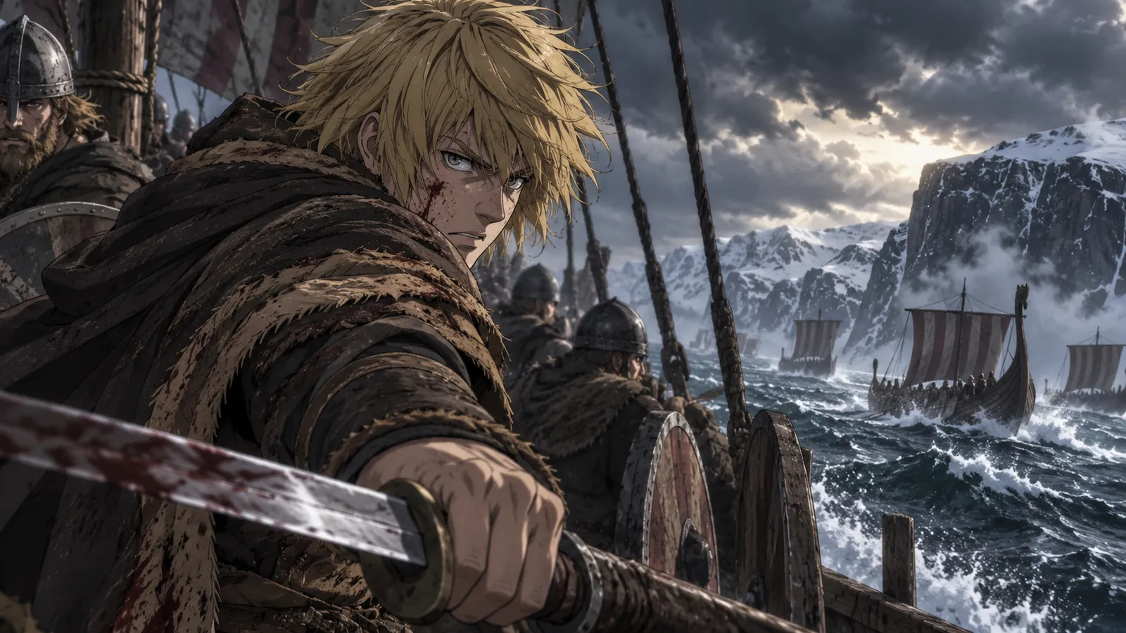 Thorfinn standing in a windswept northern landscape in Vinland Saga